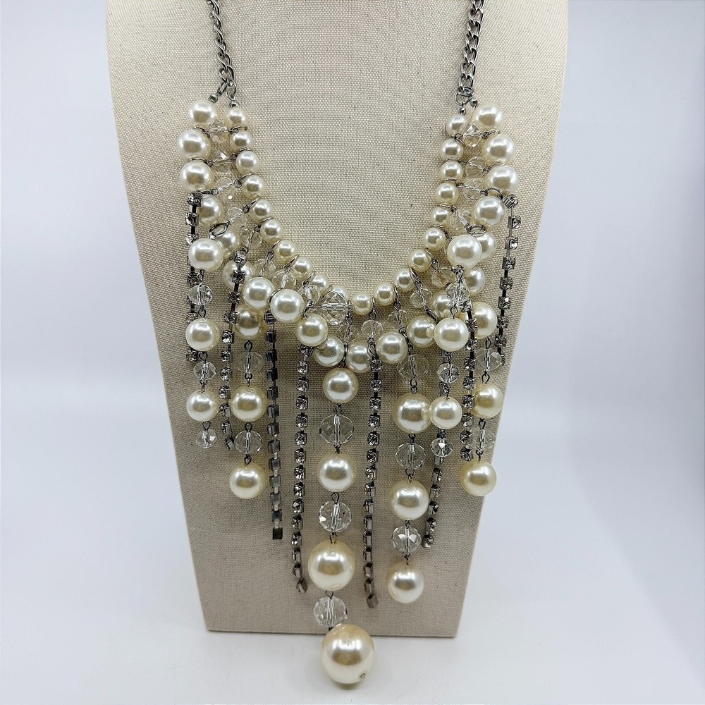 Statement Faux Pearl Rhinestone Bib Necklace Layered Waterfall Party Jewelry